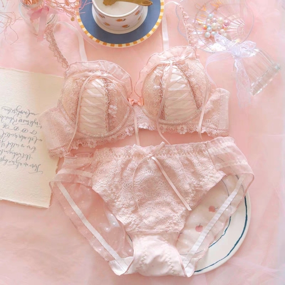 NWT Coquette Romantic Pink Lace Ribbon Push Up Bra Panty Matching Set 32B Small - Picture 1 of 5
